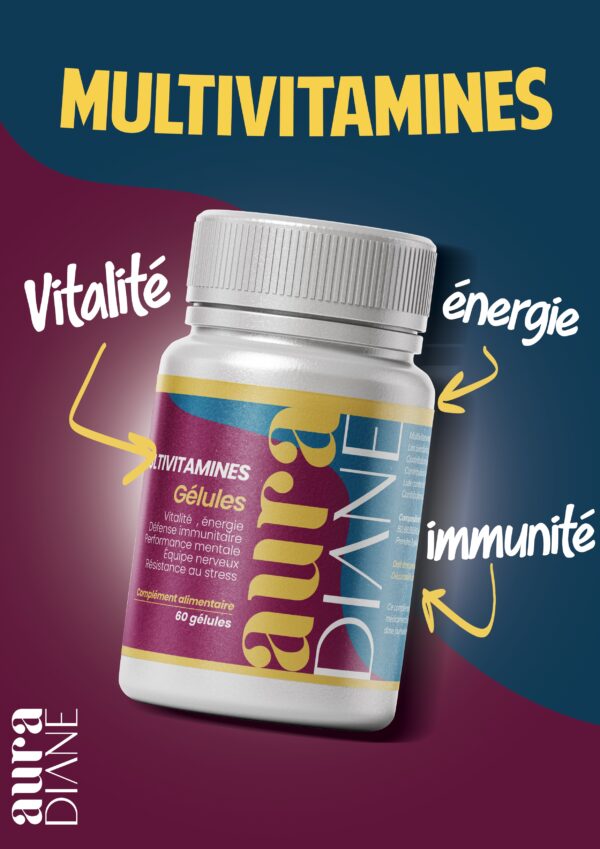 Aura Diane MULTIVITAMINES Gélules - Vitalité, énergie, défense immunitaire, performance mentale, système nerveux, résistance au stress, 60 gélules